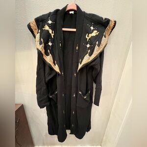 Black Embellished Long Coat Gold Accents sweater western rodeo vintage cheetah